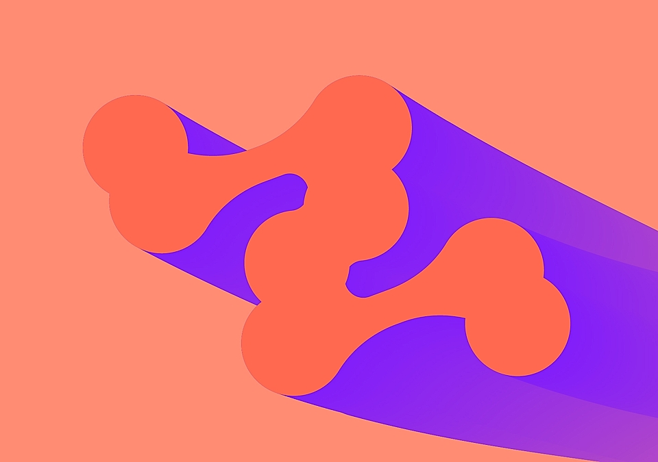 Abstract shapes in orange and purple on a coral background, featuring a dynamic overlap and shadow effect.