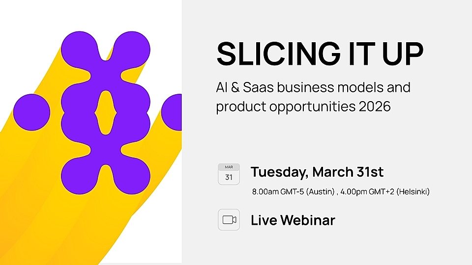 Webinar promotional graphic titled 'Slicing It Up' about AI & SaaS business models, scheduled for March 31st.