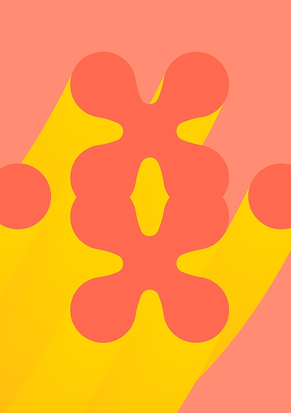 Abstract design featuring overlapping red and yellow shapes on a soft pink background.