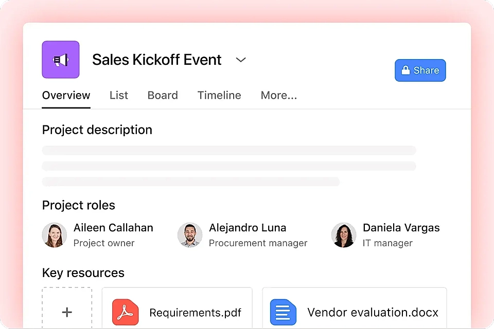Screenshot of a project overview for a Sales Kickoff Event, displaying roles, project description, and key resources.