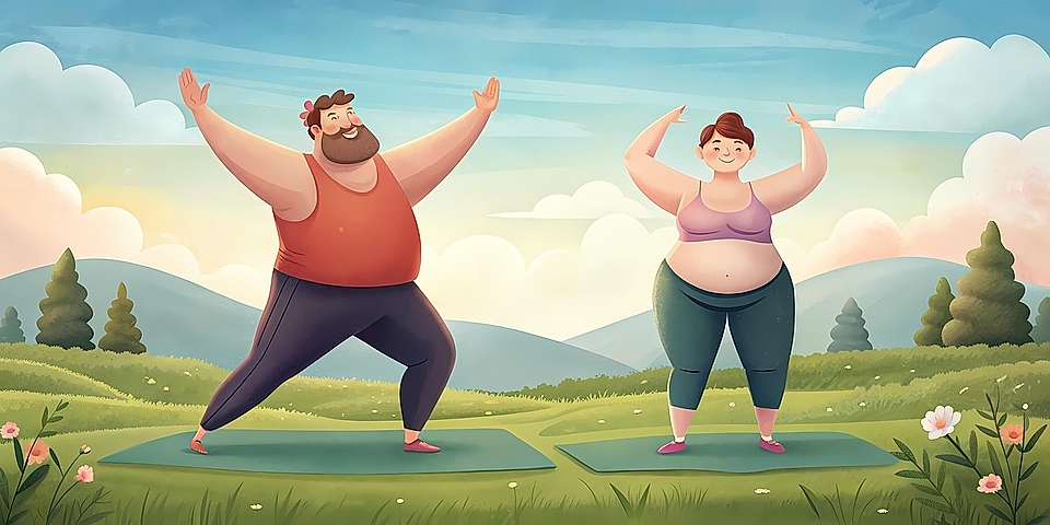 Two cartoon figures practicing yoga in a scenic outdoor setting with mountains and flowers.
