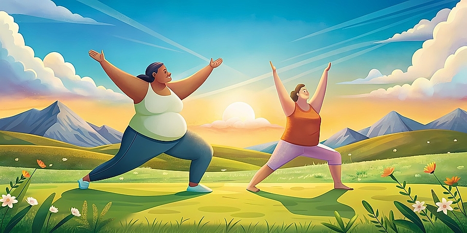 Illustration of two women practicing yoga outdoors at sunrise, surrounded by mountains and greenery.