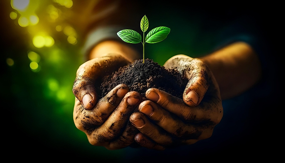 Two hands holding a small plant with green leaves and soil, symbolizing growth and sustainability.