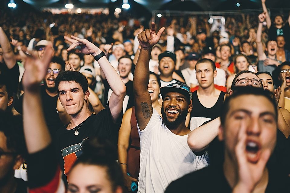 A lively crowd at a concert with diverse attendees cheering and raising their arms in excitement.