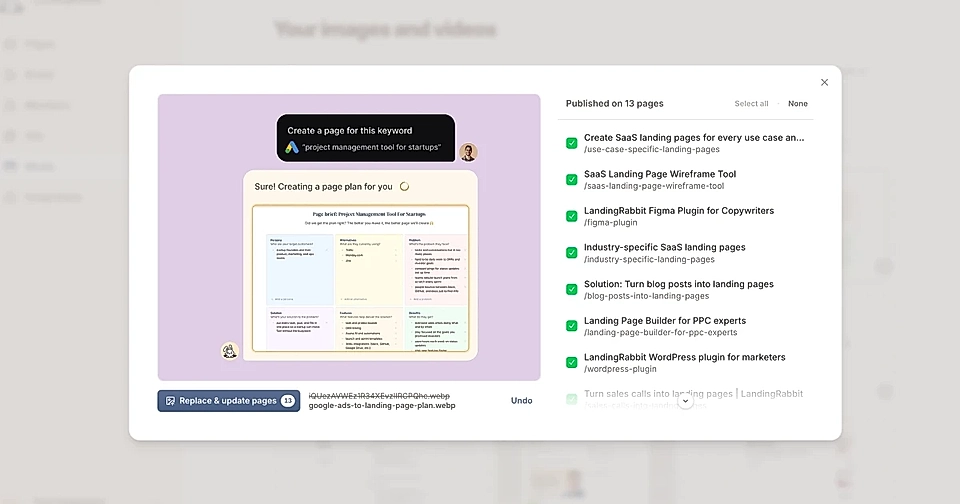 The Media tab in LandingRabbit and user choosing where to update a new image to replace an old one