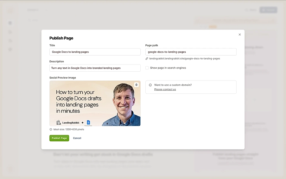 Publish a page in LandingRabbit