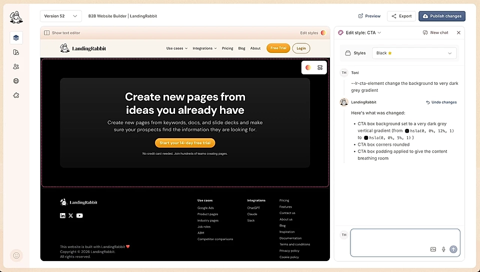 LandingRabbit website builder interface showing a CTA section with editing options and a dark layout.