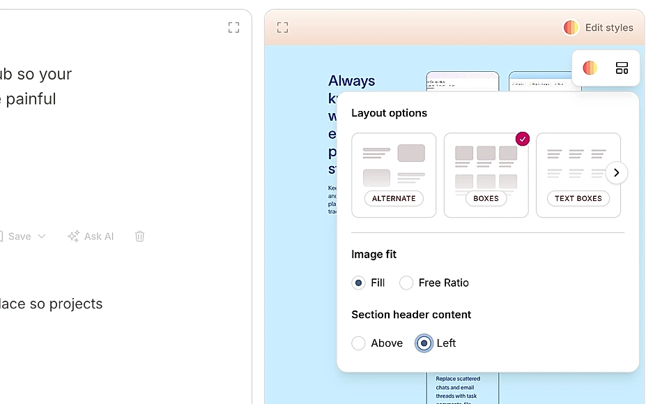 User interface showing layout options for a design tool, including 'Alternate', 'Boxes', and 'Text Boxes' settings.