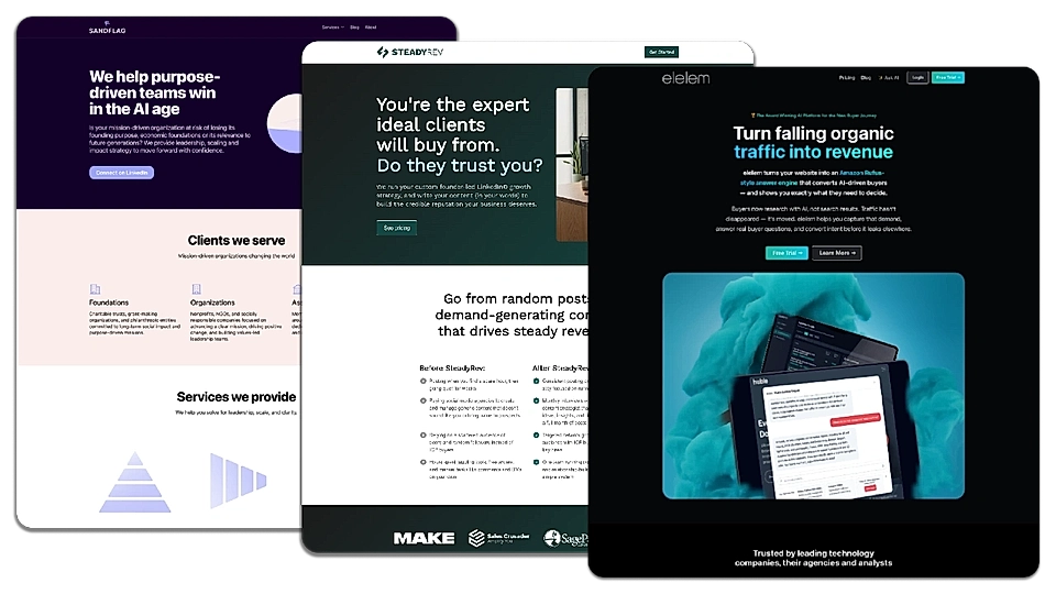 Three screenshots of different B2B marketing websites featuring service offerings and client trust messaging.