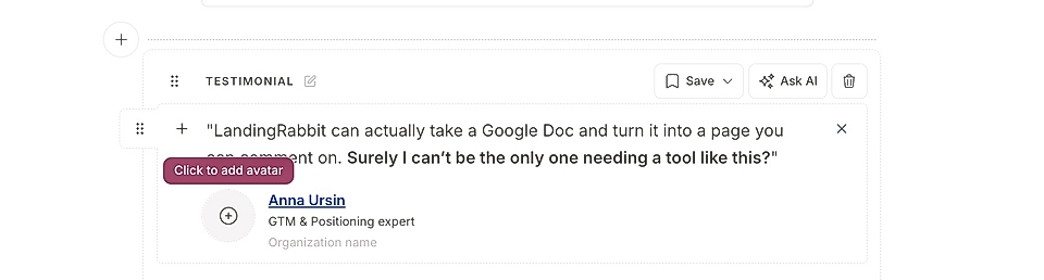 Testimonial from Anna Ursin, GTM & Positioning expert, about LandingRabbit's Google Doc integration.