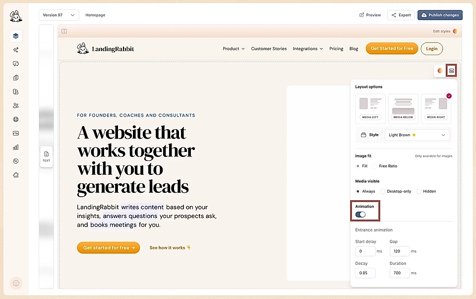 Add animations to page sections by clicking Layout options and then turn on the Animation