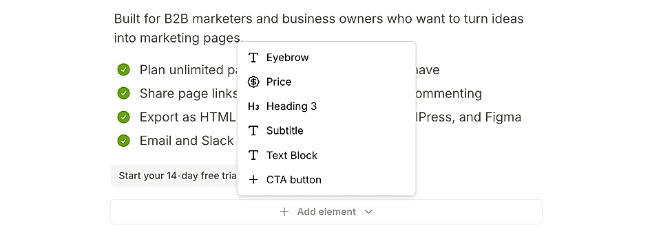 LandingRabbit pricing section editor showing options to add elements like price, headings, and buttons.