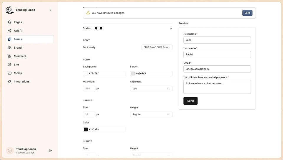 LandingRabbit form builder interface with style editing tools