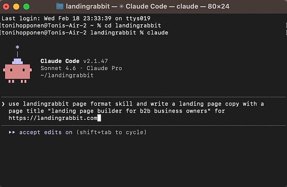 A terminal window showing Claude Code interface with a command for a landing page builder for B2B business owners.