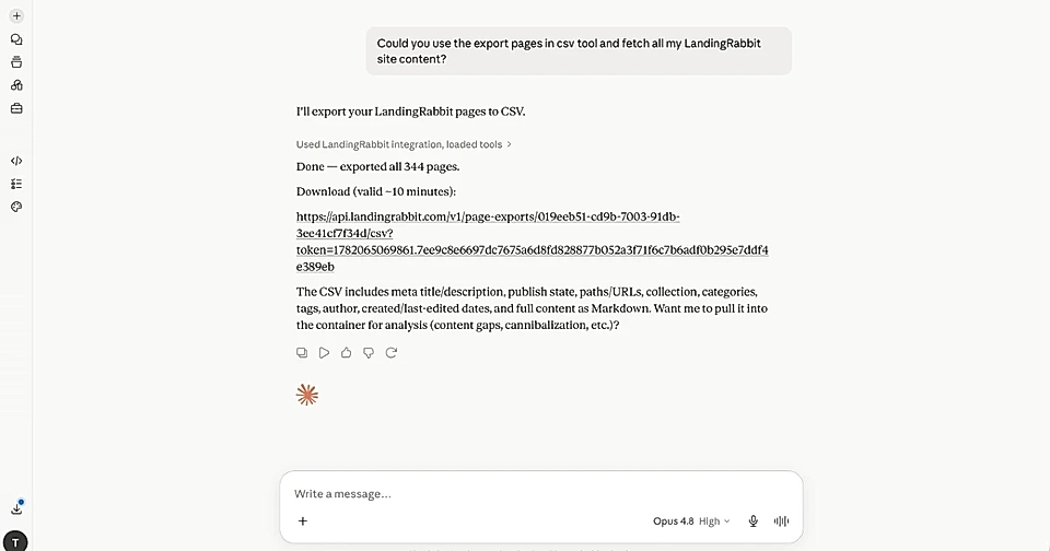 Claude app exporting 344 pages to CSV with a download link and content details.