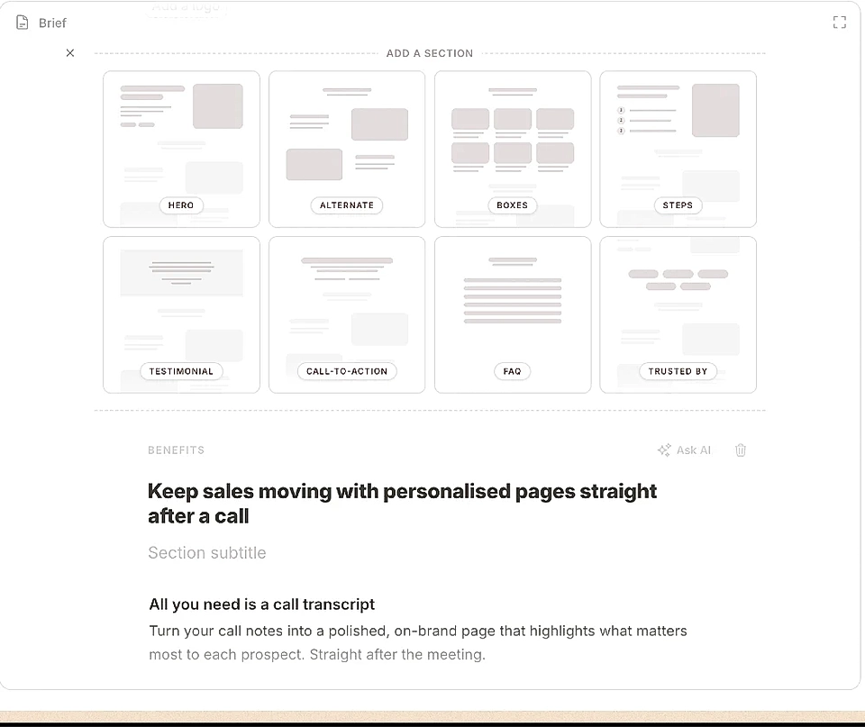 User adding a new section in LandingRabbit