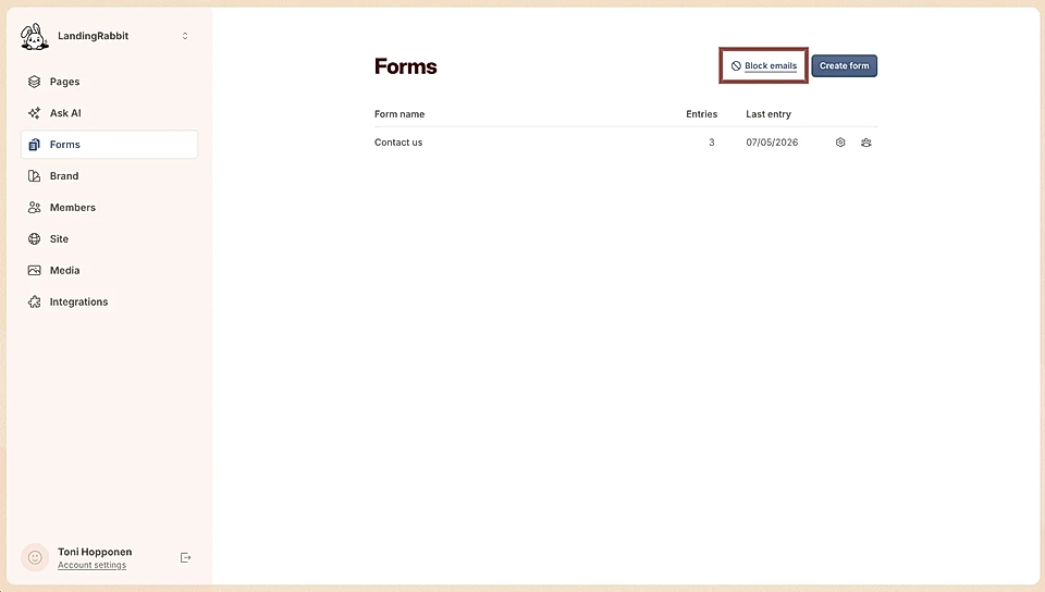 Block emails link on the Forms tab.
