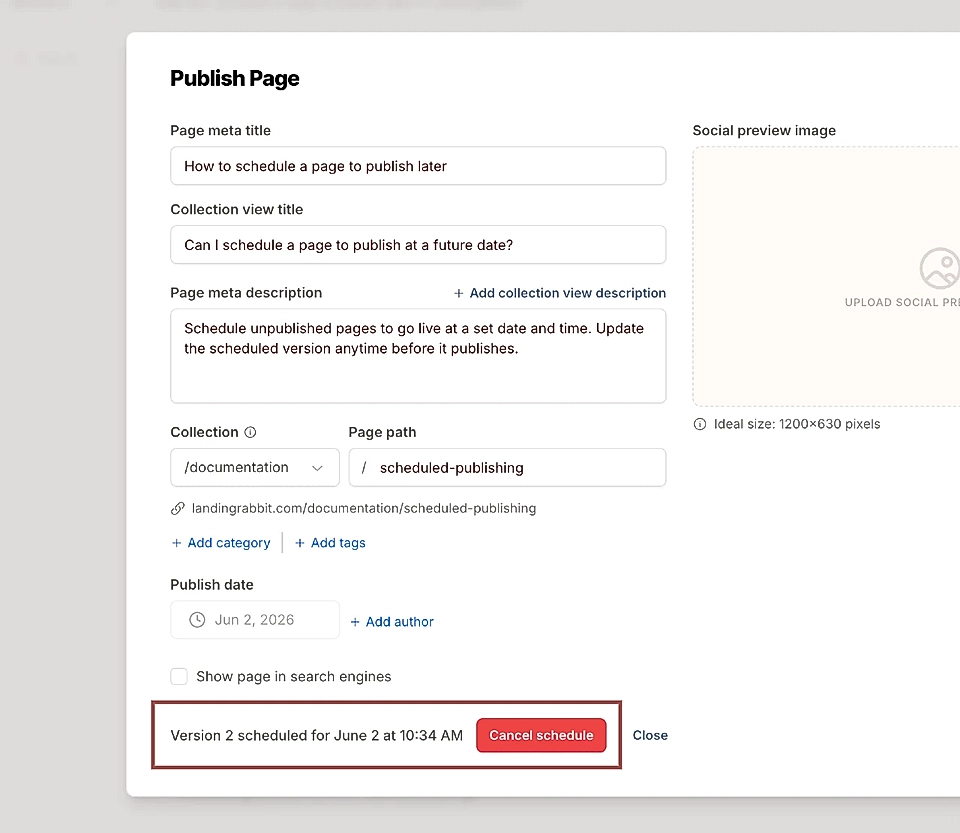 Publish page popover showing scheduled publish date and cancel schedule button.