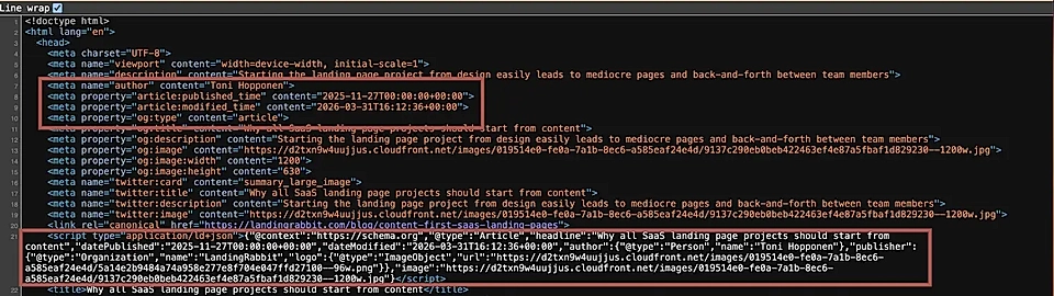 HTML code snippet displaying meta tags and structured data for a blog post about landing page projects.