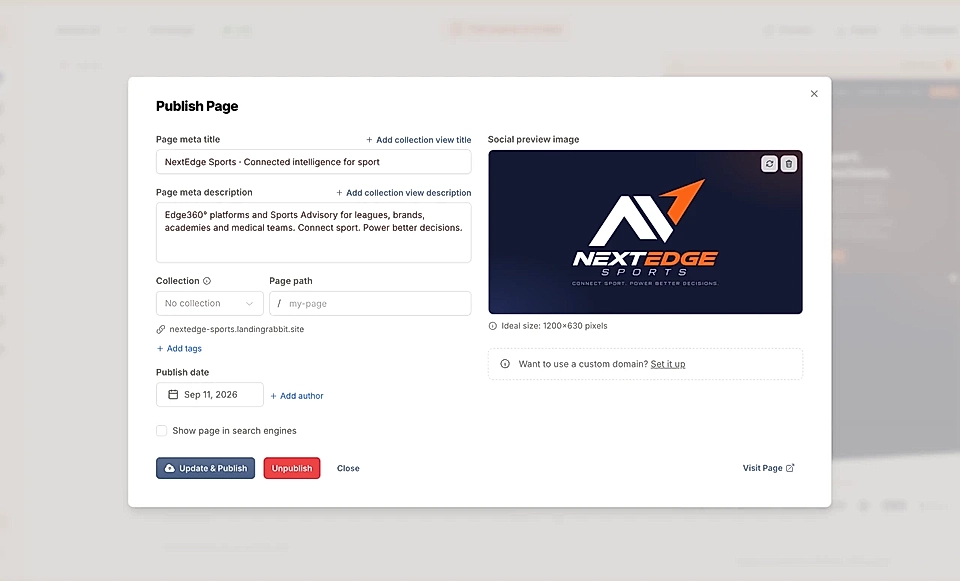 Publish Page dialog with meta title, description, and social preview image settings.
