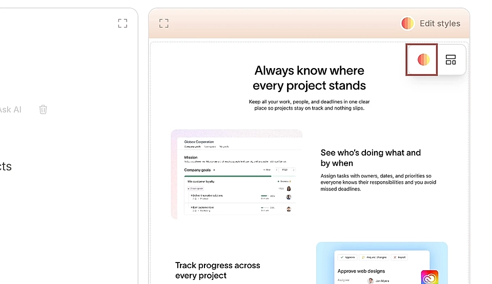 Screenshot of the LandingRabbit dashboard and editing styles