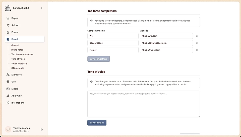 Brand tab and editing for top three competitors