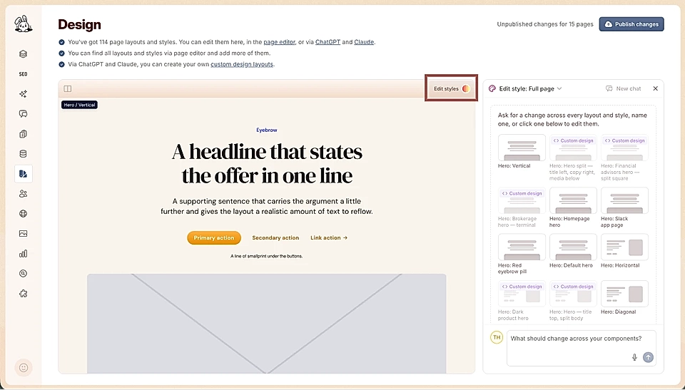 Website design editor showing a hero layout preview and a right-side style selection panel.