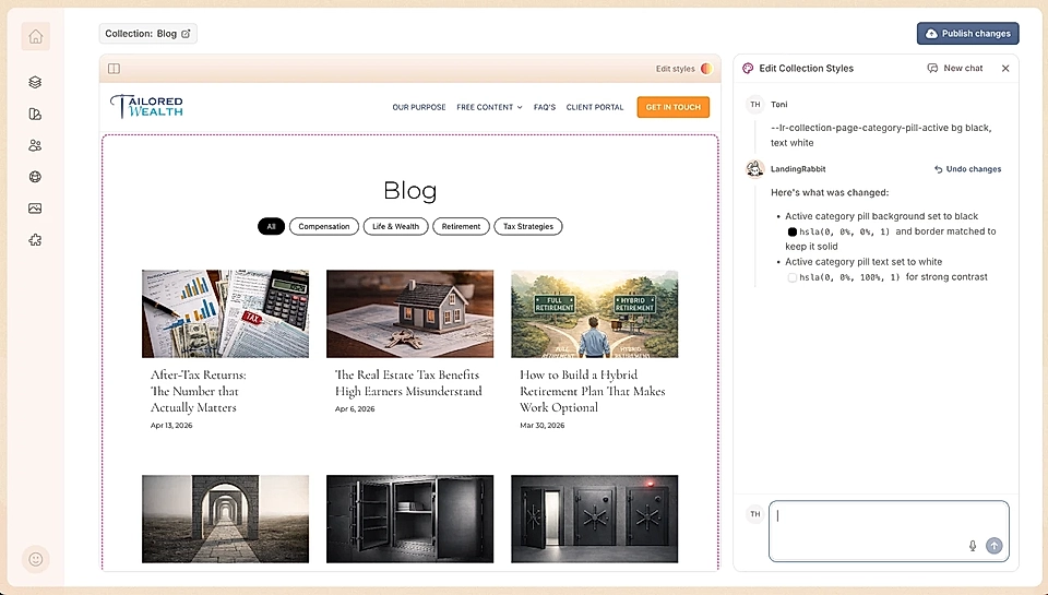 Edit Collection page layout in LandingRabbit and change the look and feel via AI chat