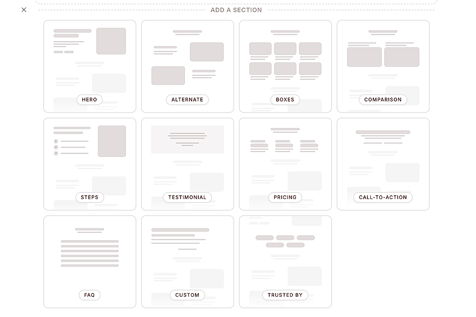 LandingRabbit user interface showcasing various sections for a SaaS landing page, including hero, pricing, and FAQ.