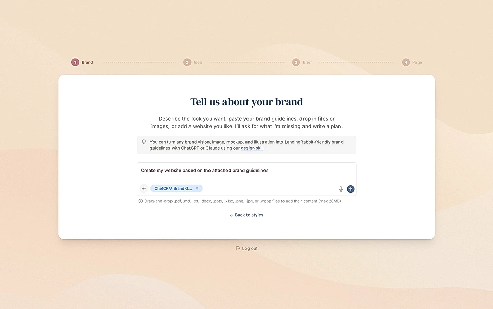 Brand brief form interface with upload field and step progress bar