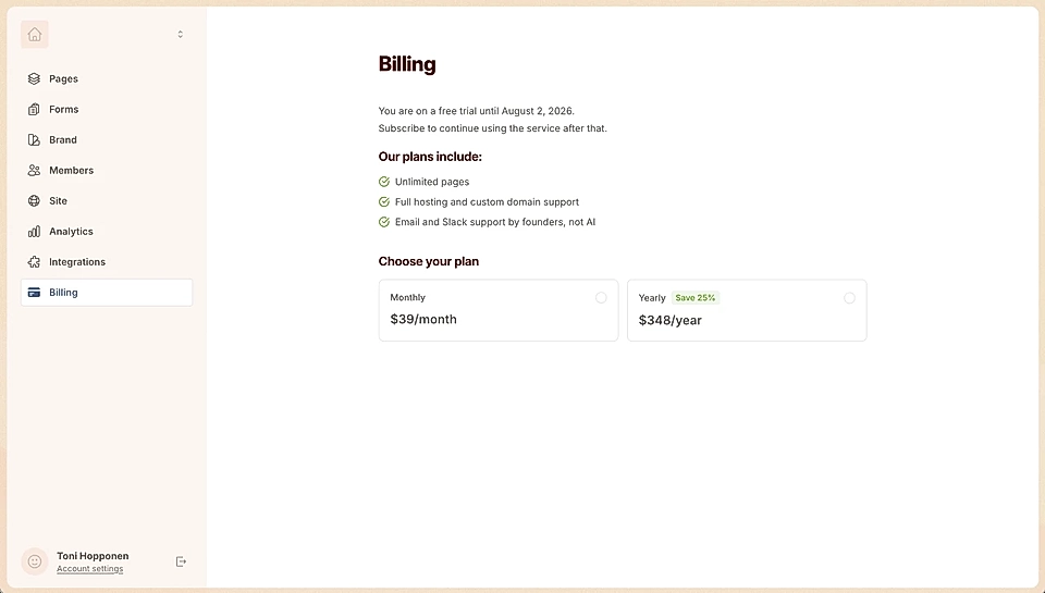 Choose between monthly or yearly plan via Billing tab