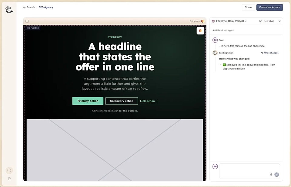 Web page editor showing a hero section preview with headline, buttons, and a right-side style settings panel.