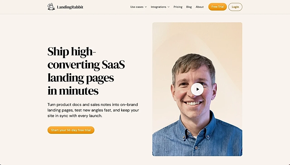 LandingRabbit homepage featuring Toni in a blue shirt, with a play button icon for a video thumbnail beside text for SaaS landing pages.