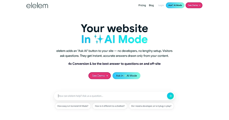 Homepage hero for elelem AI with headline, CTA buttons, and question input bar