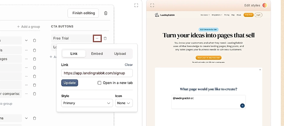 LandingRabbit's site navigation editing tools: edit CTA button links