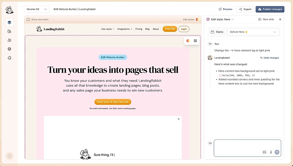 Screenshot of a B2B website builder interface by LandingRabbit, featuring a hero section with design changes.