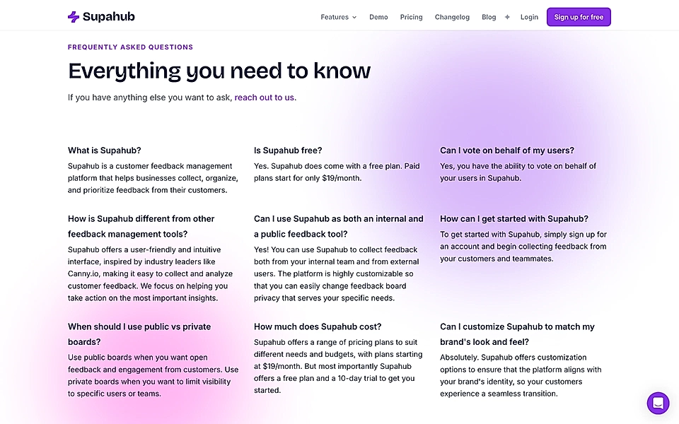 An example of an FAQ element on startup landing page