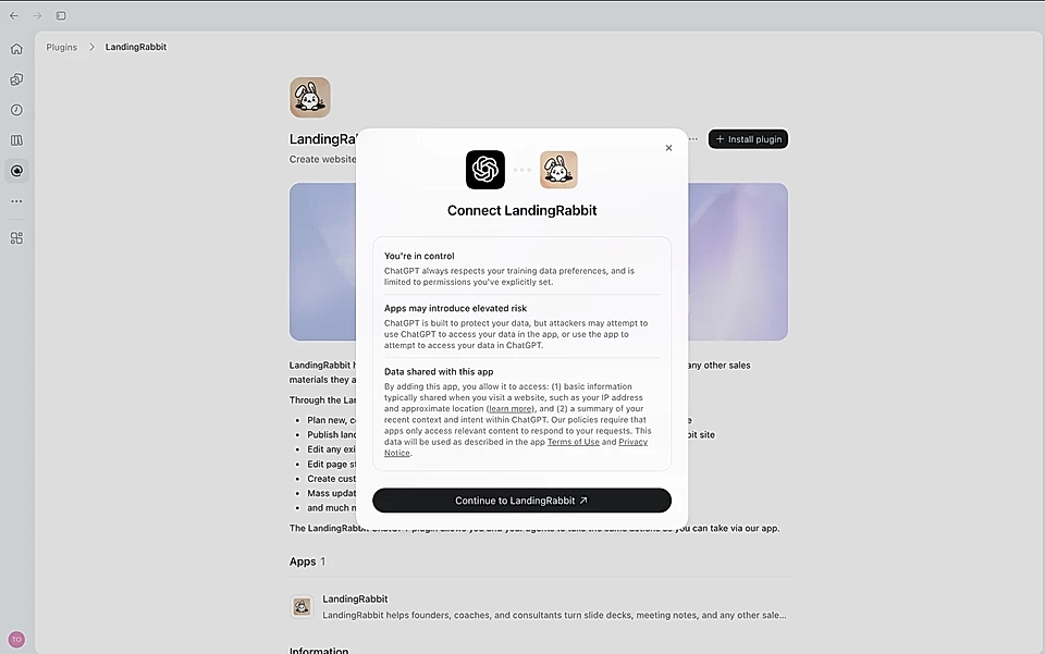 ChatGPT plugin install dialog for LandingRabbit
