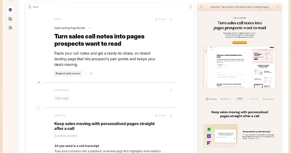 SaaS landing page builder interface showcasing sales call notes transformation into engaging landing pages.