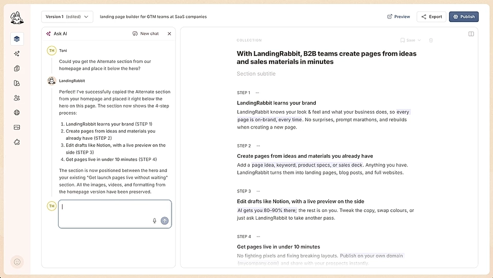 An example of a chat with the Ask AI in the page editor for content help and rewrites