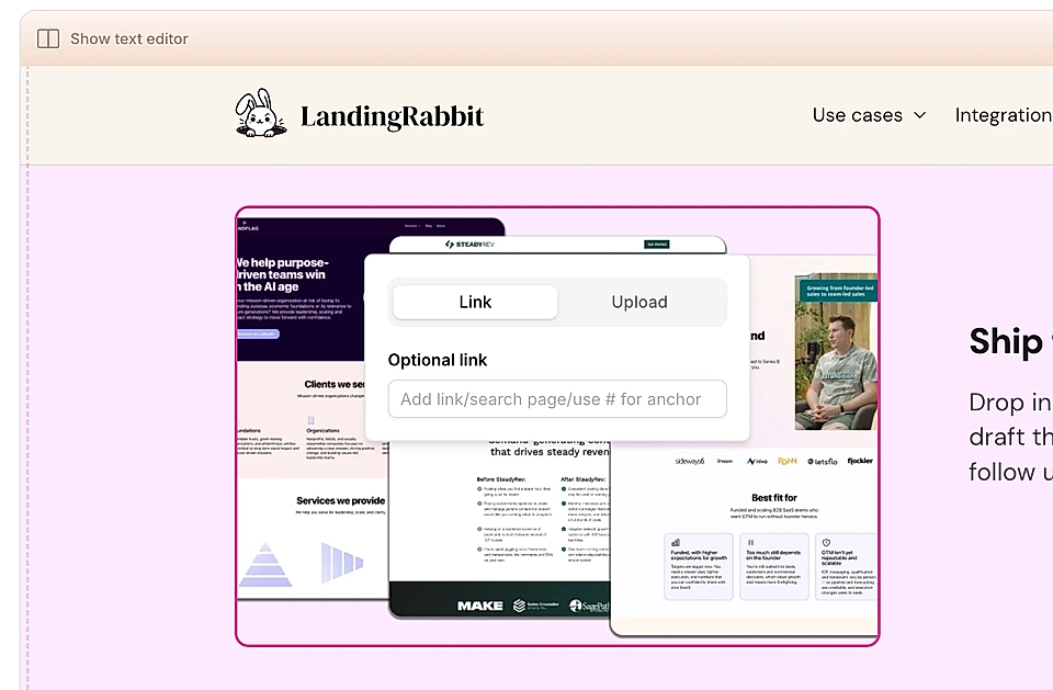 Screenshot of LandingRabbit interface showing option to add links to images