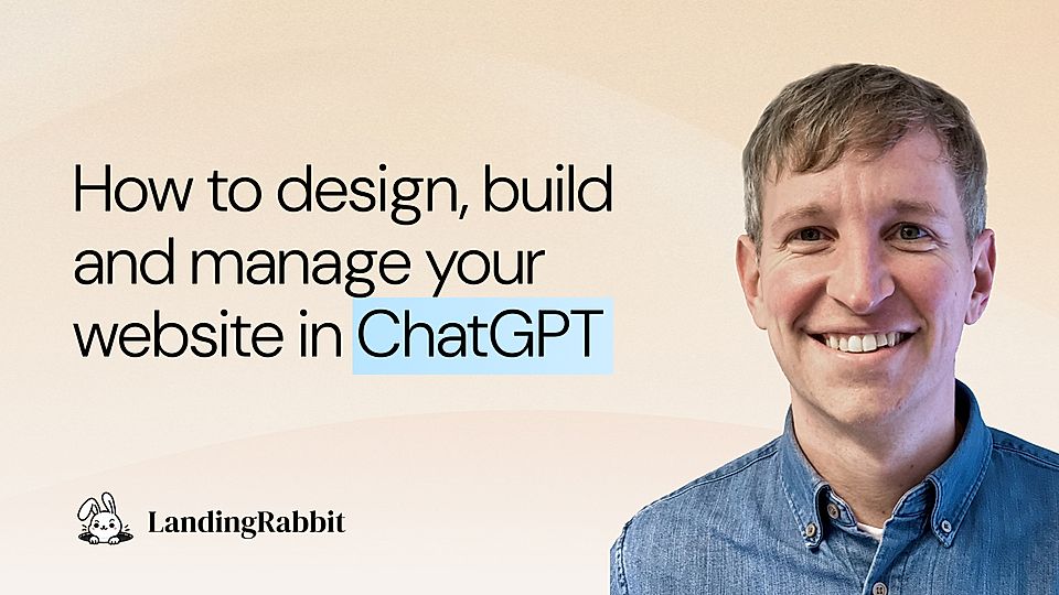 Promotional banner with text about designing and managing a website in ChatGPT and a smiling man portrait