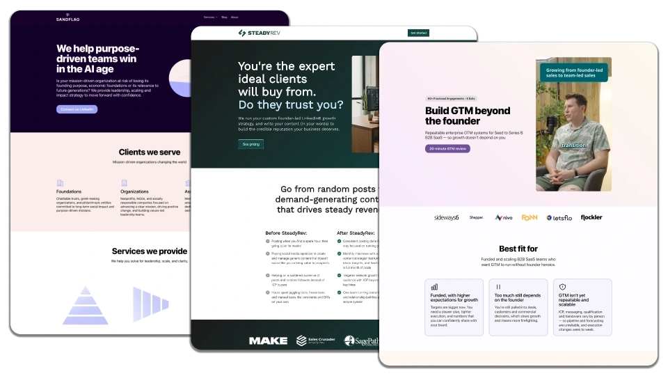 Three LandingRabbit-powered websites showcasing B2B services: mission-driven teams, expert client engagement, and GTM strategies.