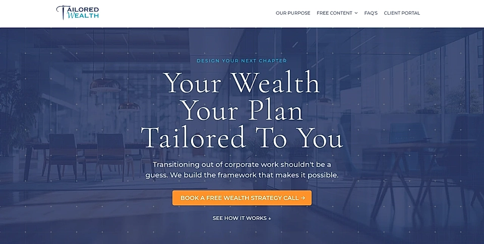 Tailored Wealth website homepage with hero banner, headline, and call-to-action button