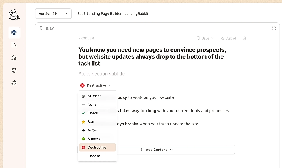 Screenshot of LandingRabbit page builder interface showing icon options