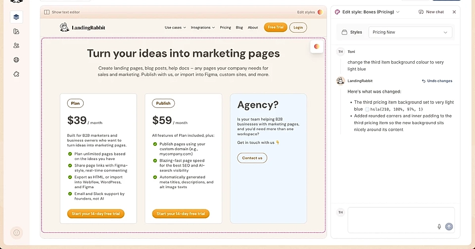 LandingRabbit page editor and a pricing section style editing example