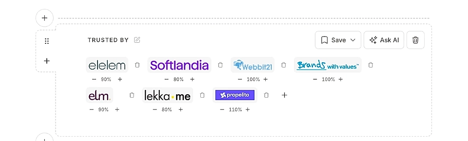 A Trusted By section editor with logo uploads and relative size adjusting tools