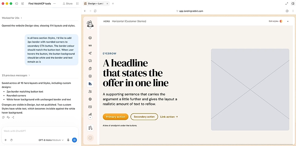 Editing LandingRabbit website design via ChatGPT