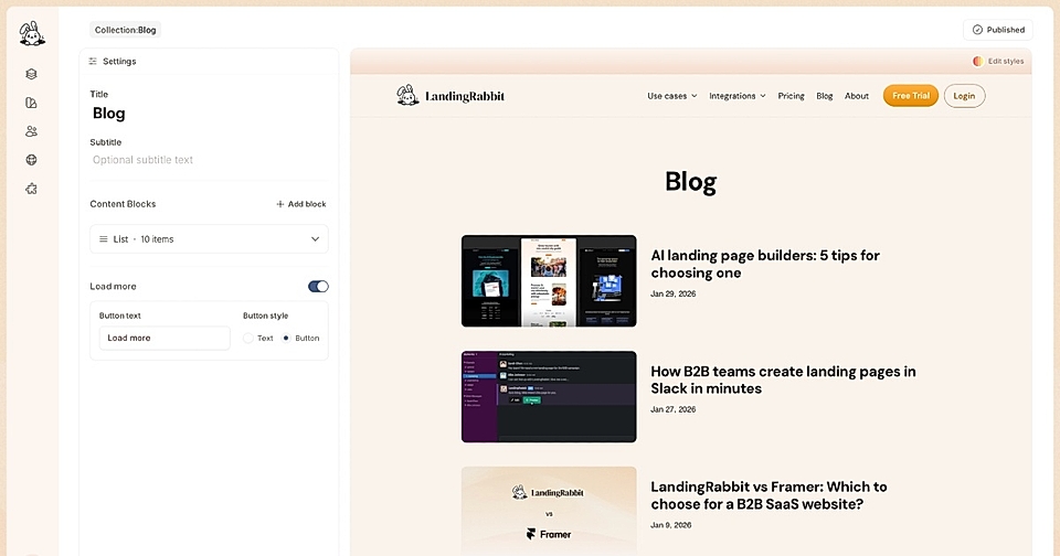 Screenshot of the LandingRabbit blog list view editing dashboard, showcasing titles, dates, and content blocks.