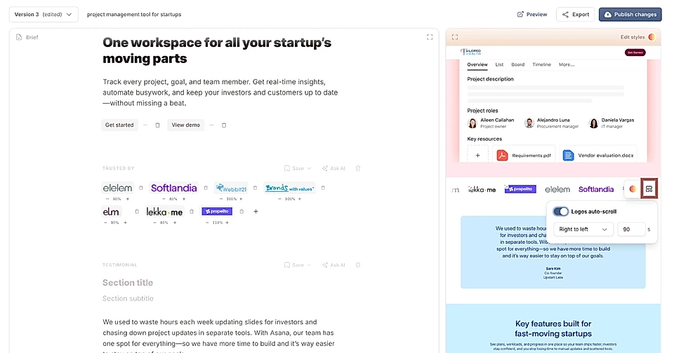 A Trusted By section and settings to enable auto scroll